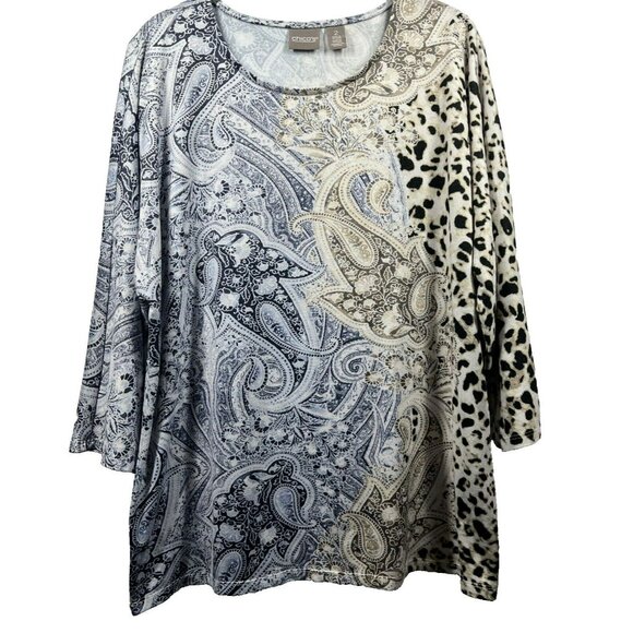 Chicos Women's Top Size Large Blue Brown Leopard Paisley 3/4 Sleeve Pullover - Picture 1 of 6